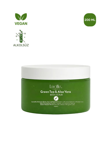 Yeşil Çay & Aloe Vera Aromalı Arındırıcı Vücut Peelingi (Şeker Tanecikli) | Nem Desteği Sağlayan | %100 Vegan