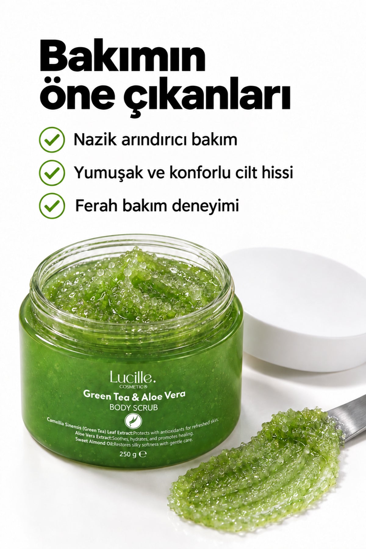 Yeşil Çay & Aloe Vera Aromalı Arındırıcı Vücut Peelingi (Şeker Tanecikli) — bakım özellikleri