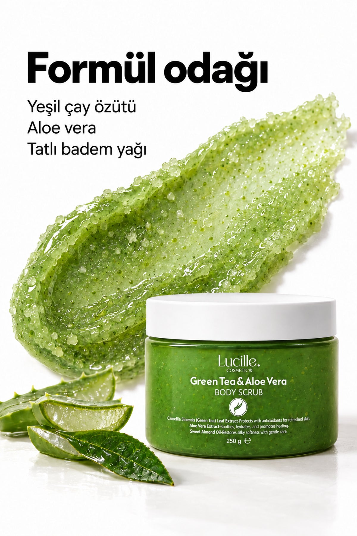 Yeşil Çay & Aloe Vera Aromalı Arındırıcı Vücut Peelingi (Şeker Tanecikli) — formül ve doku