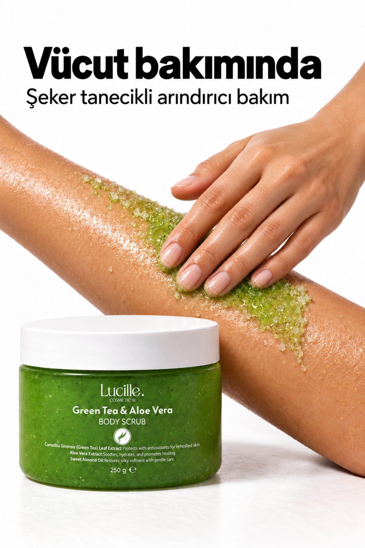 Yeşil Çay & Aloe Vera Aromalı Arındırıcı Vücut Peelingi (Şeker Tanecikli) — uygulama