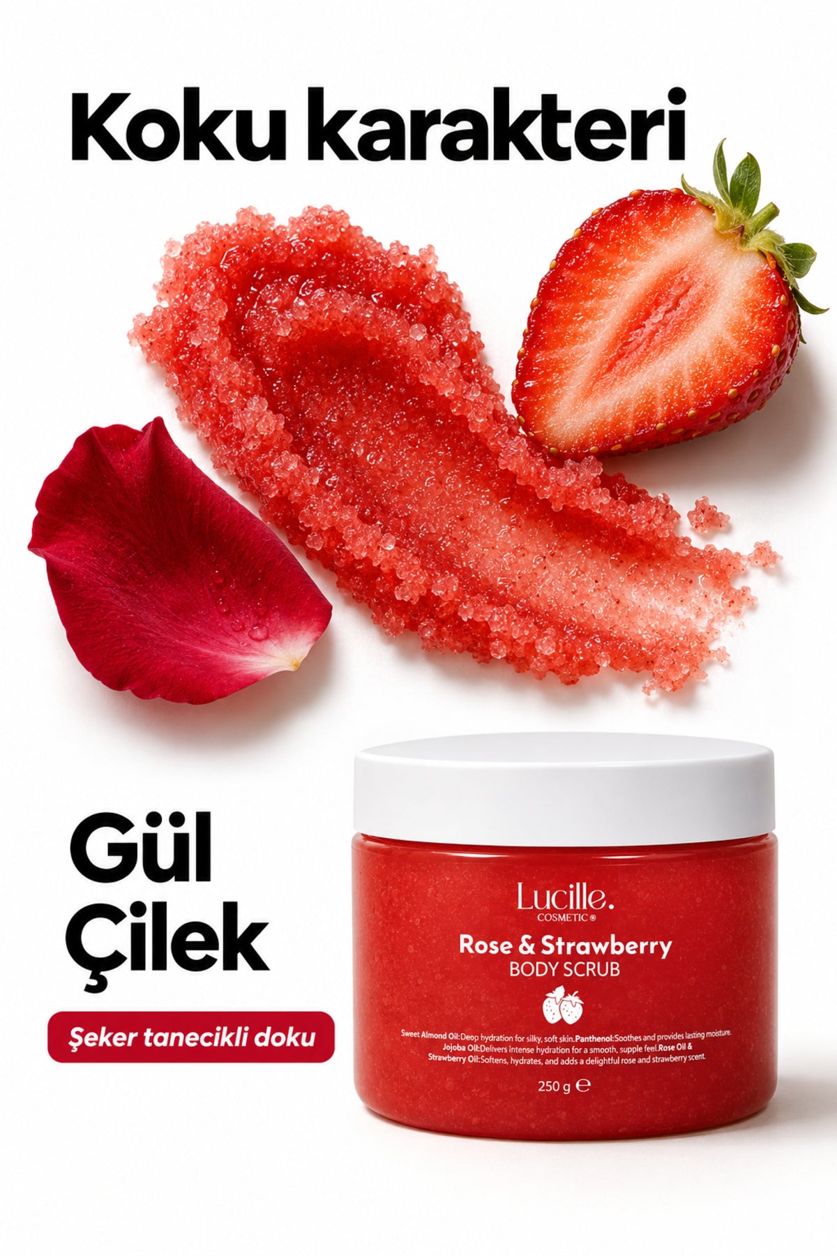 Gül & Çilek Aromalı Arındırıcı Vücut Peelingi (Şeker Tanecikli) — formül ve doku