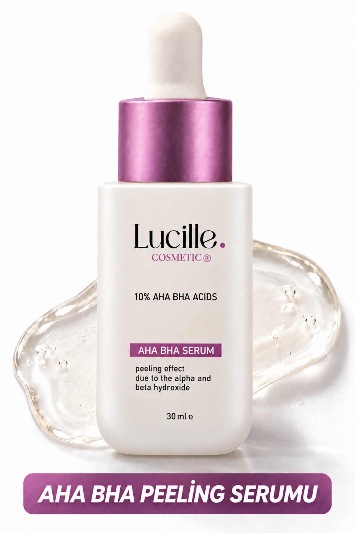Lucille AHA BHA peeling serumu, mor kapaklı beyaz damlalıklı şişe