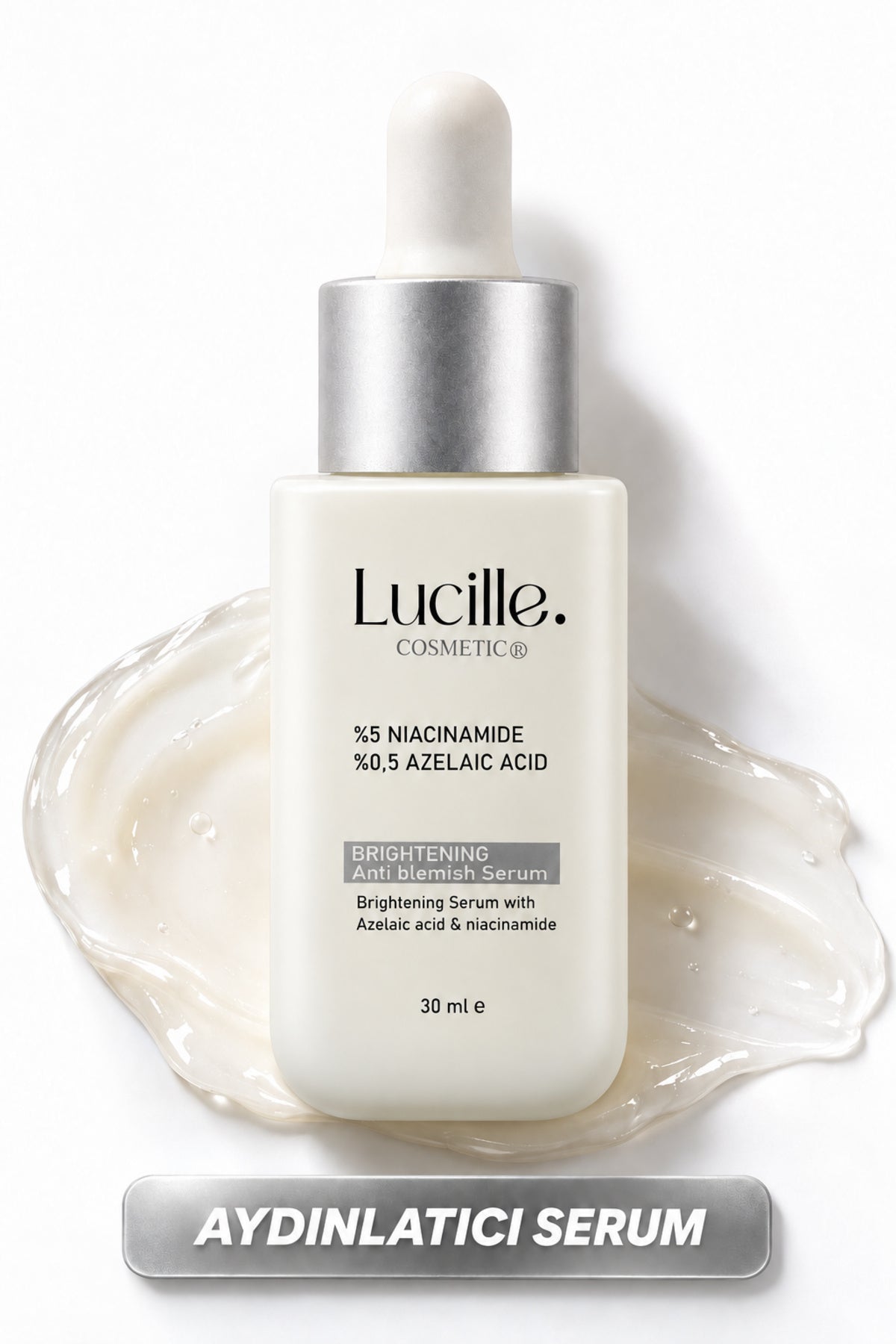 Lucille niasinamid aydınlatıcı serum, gümüş kapaklı beyaz damlalıklı şişe