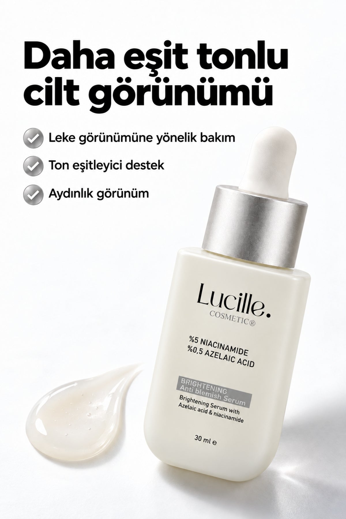 Lucille niasinamid aydınlatıcı serum bakım faydalarını gösteren ürün görseli