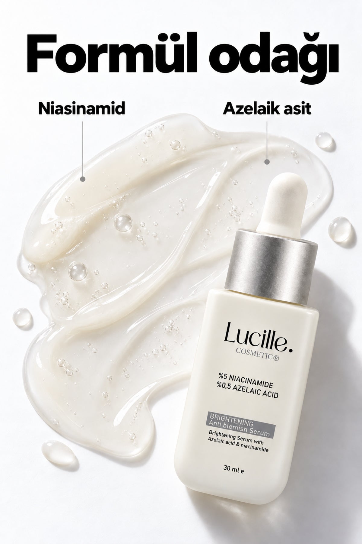Lucille niasinamid aydınlatıcı serum: niasinamid ve azelaik asit içerik odağı ve serum dokusu