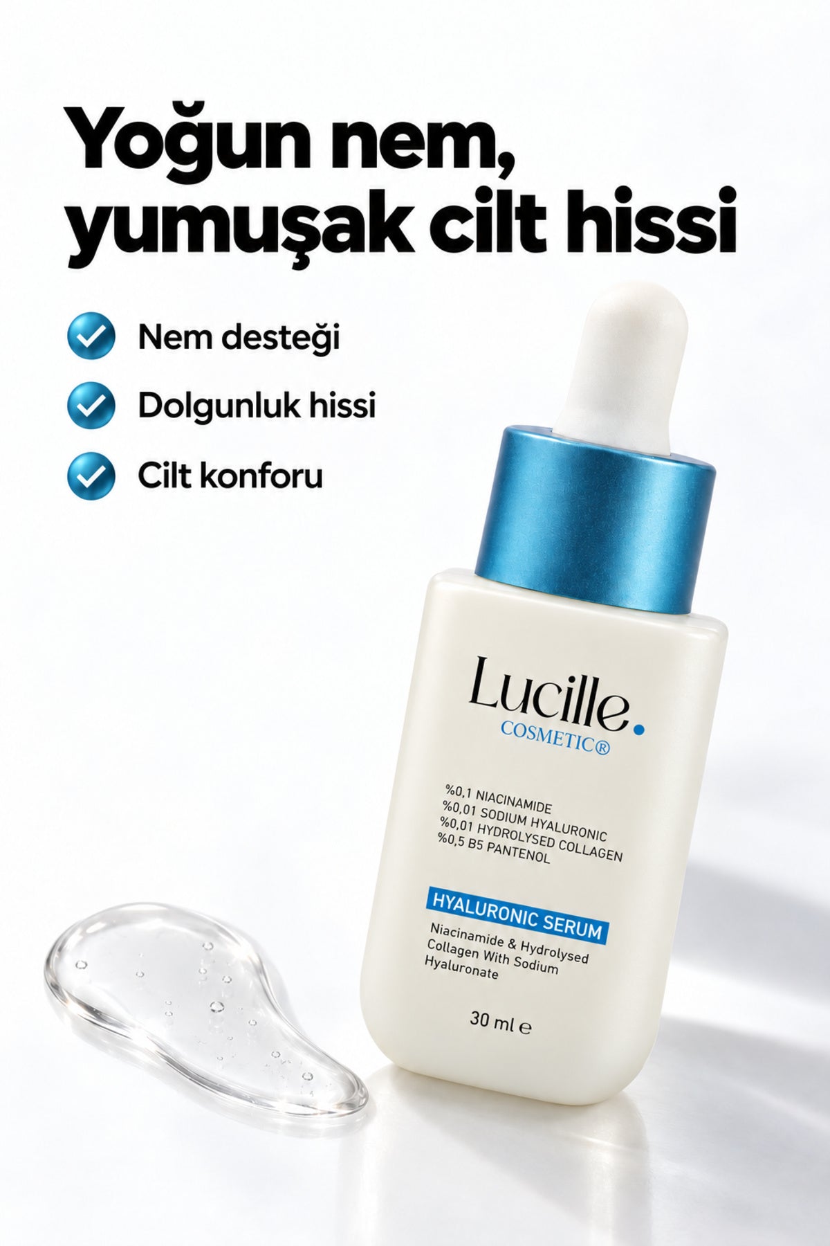 Lucille hyalüronik asit serumu bakım faydalarını gösteren ürün görseli