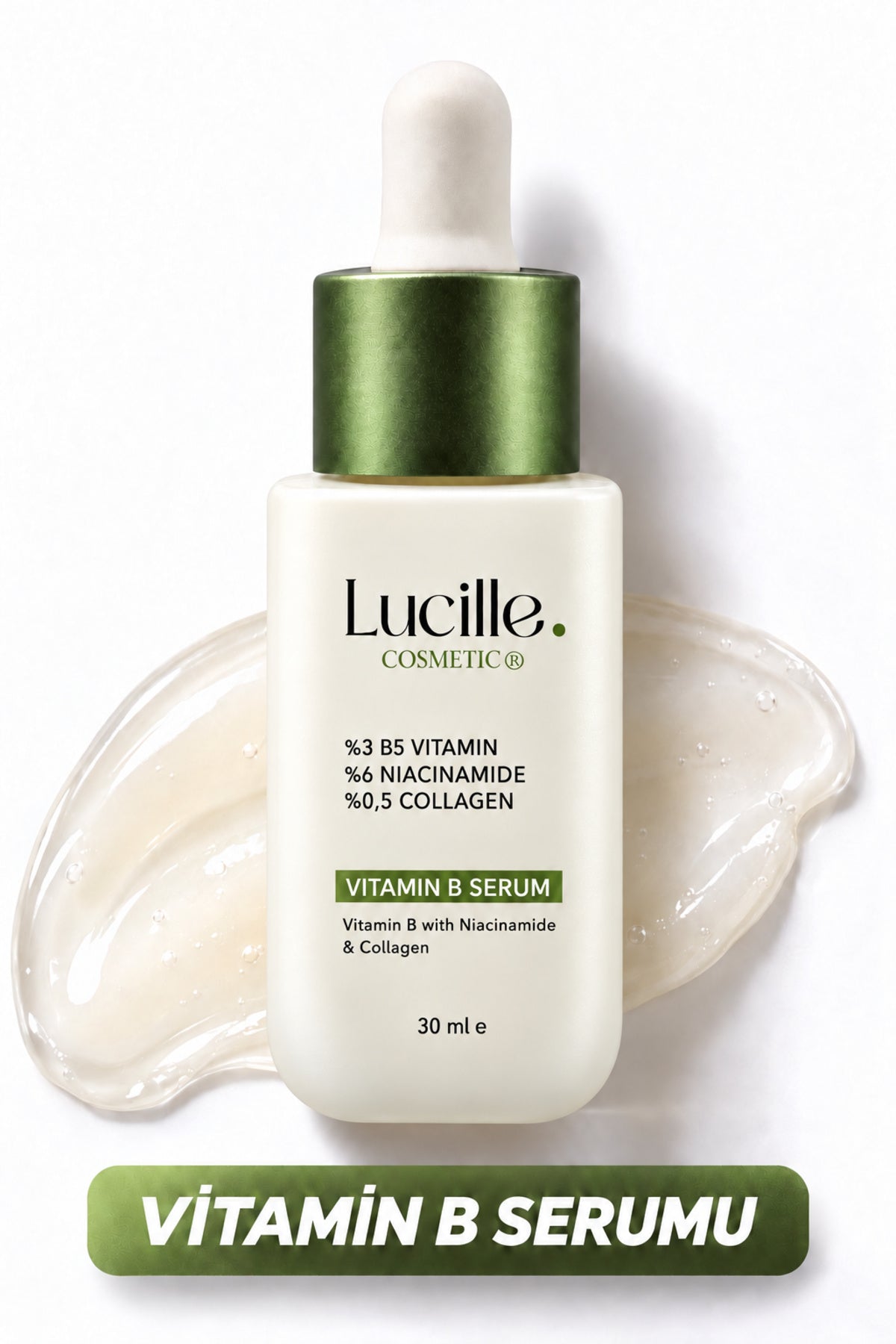 Lucille Vitamin B5 serumu, yeşil kapaklı beyaz damlalıklı şişe