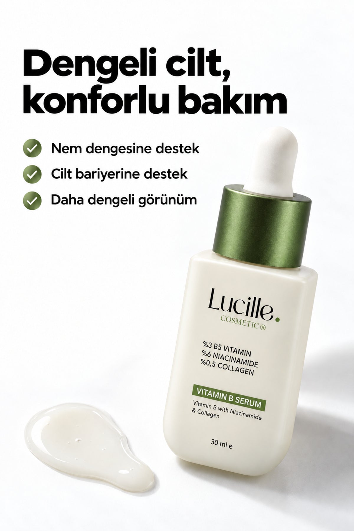 Lucille Vitamin B5 serumu bakım faydalarını gösteren ürün görseli