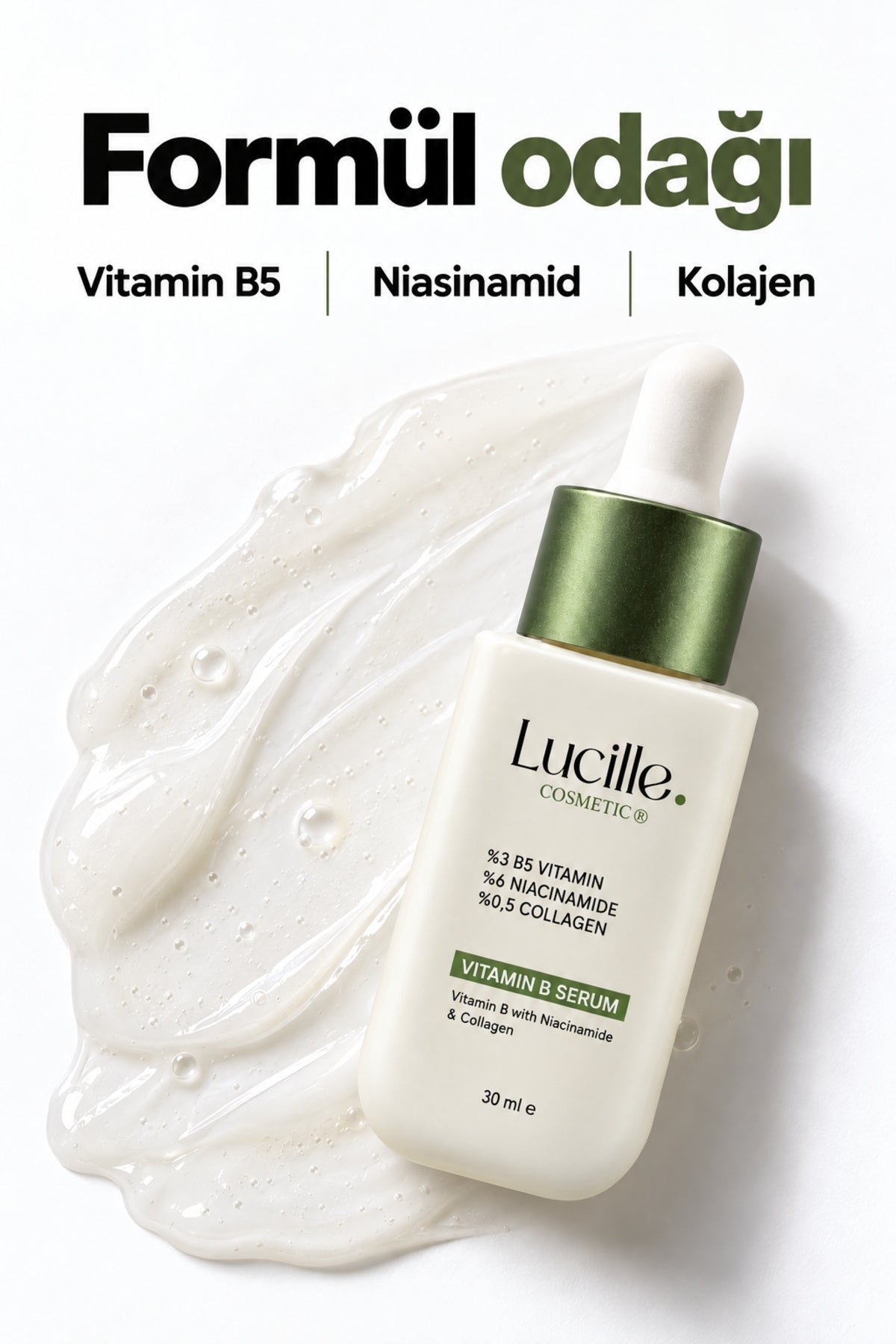Lucille Vitamin B5 serumu: Vitamin B5, niasinamid ve kolajen içerik odağı ve serum dokusu