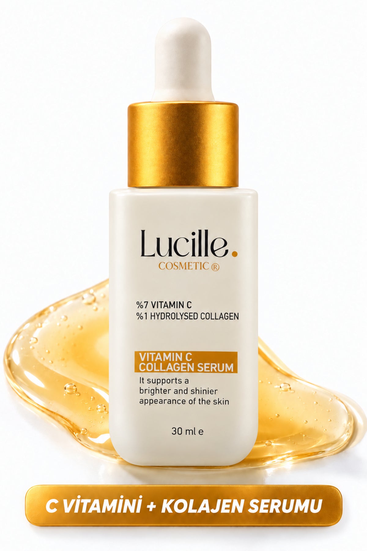 Lucille C vitamini ve kolajen serumu, altın kapaklı beyaz damlalıklı şişe