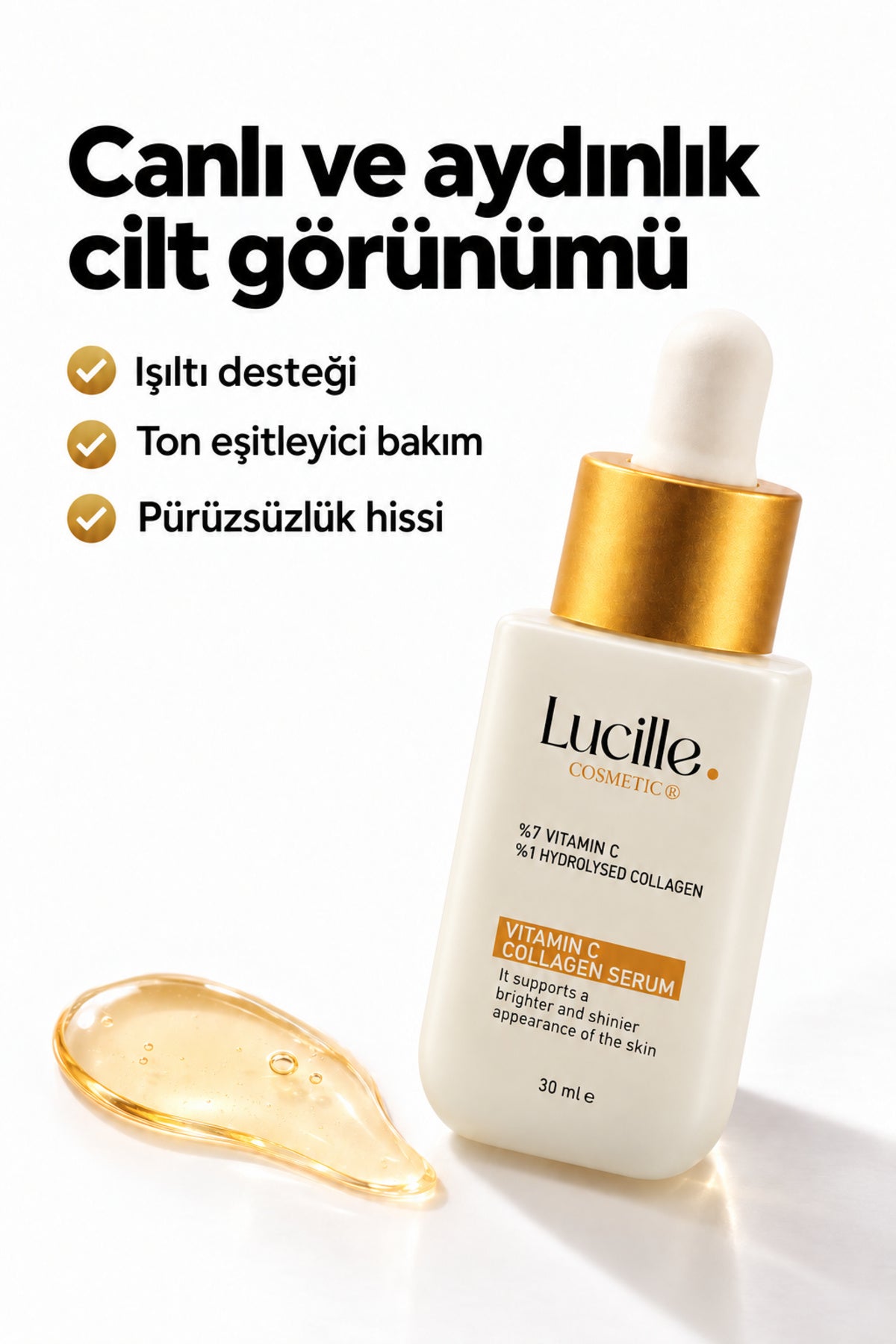 Lucille C vitamini ve kolajen serumu bakım faydalarını gösteren ürün görseli