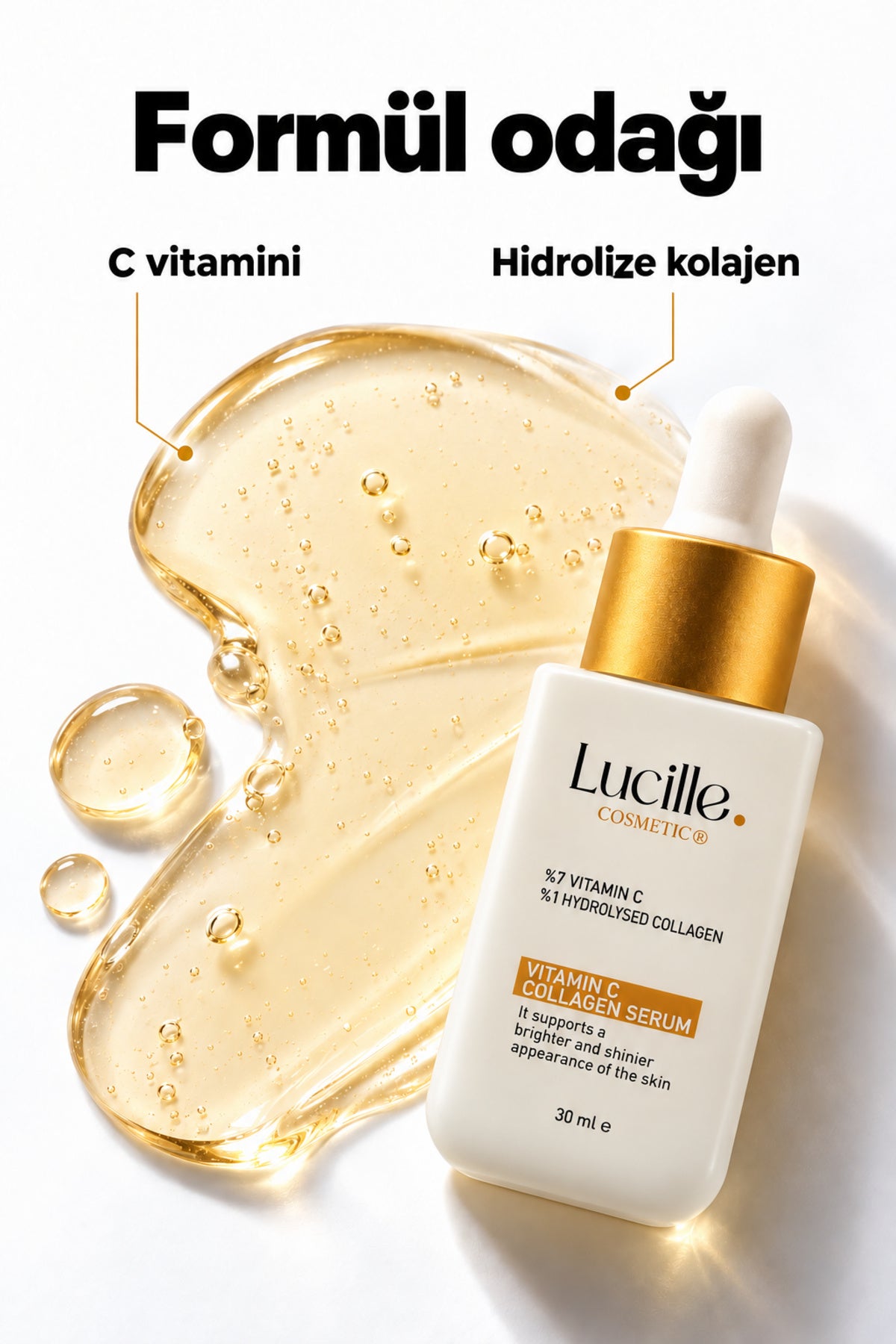 Lucille C vitamini ve kolajen serumu: C vitamini ve hidrolize kolajen içerik odağı ve serum dokusu