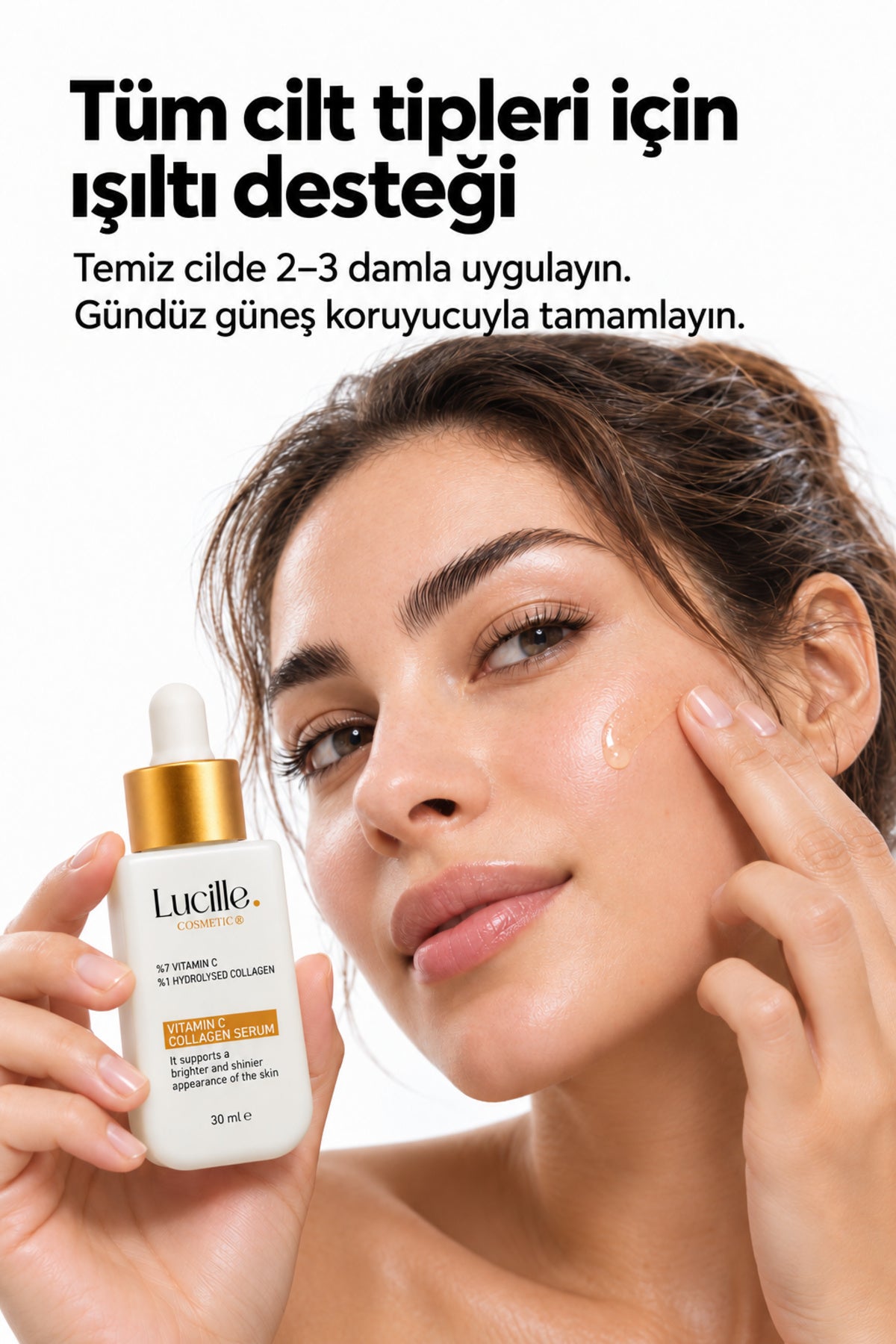 Lucille C vitamini ve kolajen serumu yüz bakımında kullanım ve uygulama görseli